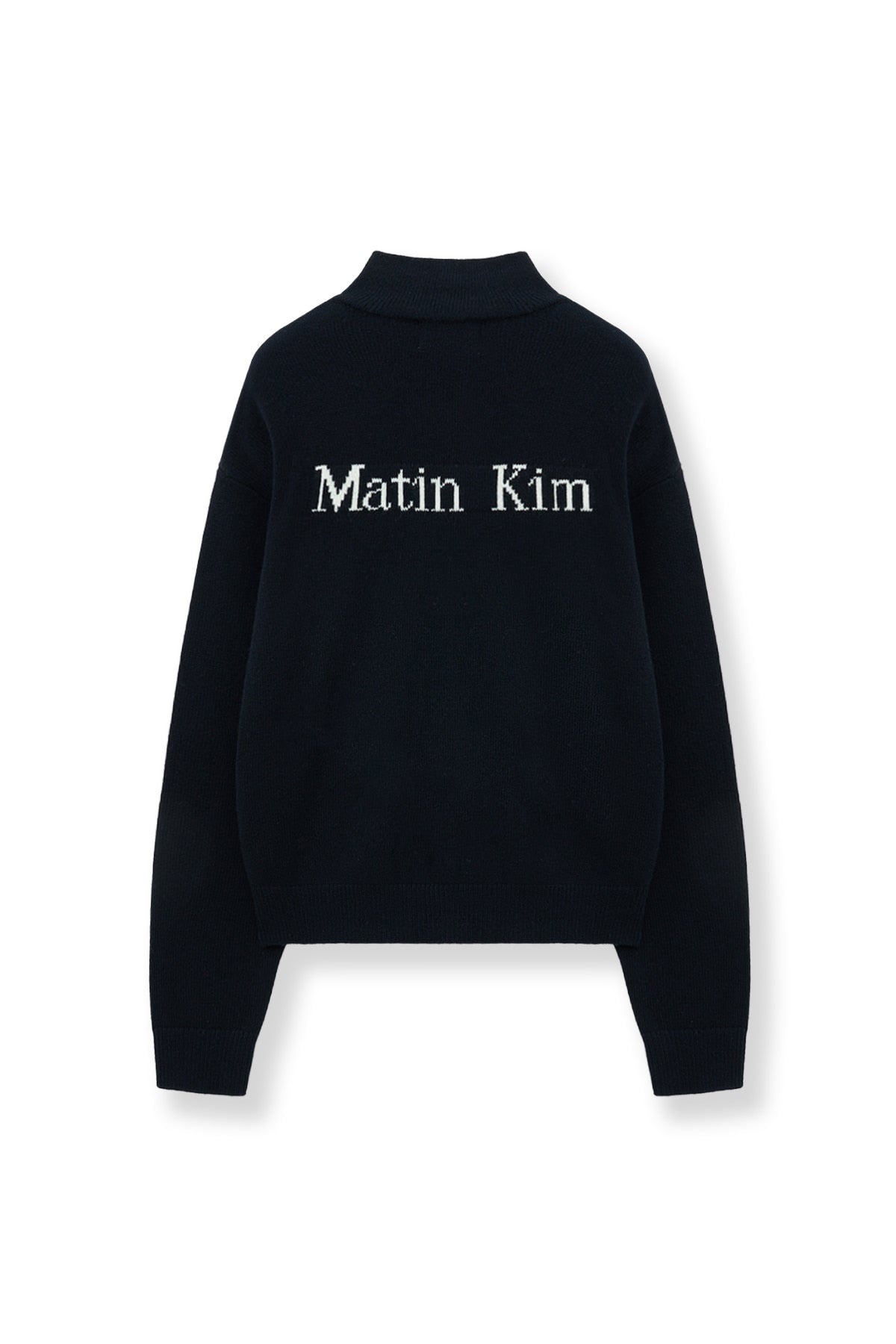 [matinkim] BACK LOGO HALF KNIT ZIP UP PULLOVER FOR WOMEN IN NAVY