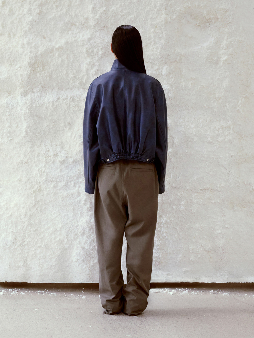 [Low Classic] Stand Collar Artificial Leather Jumper_Navy