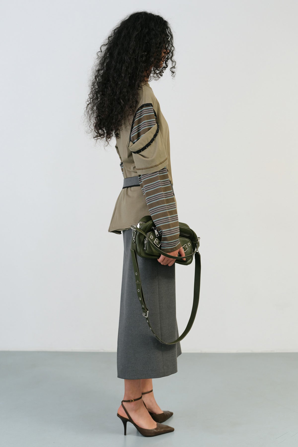 Instantfunk Layered Sleeve Stripe T Shirt - Khaki