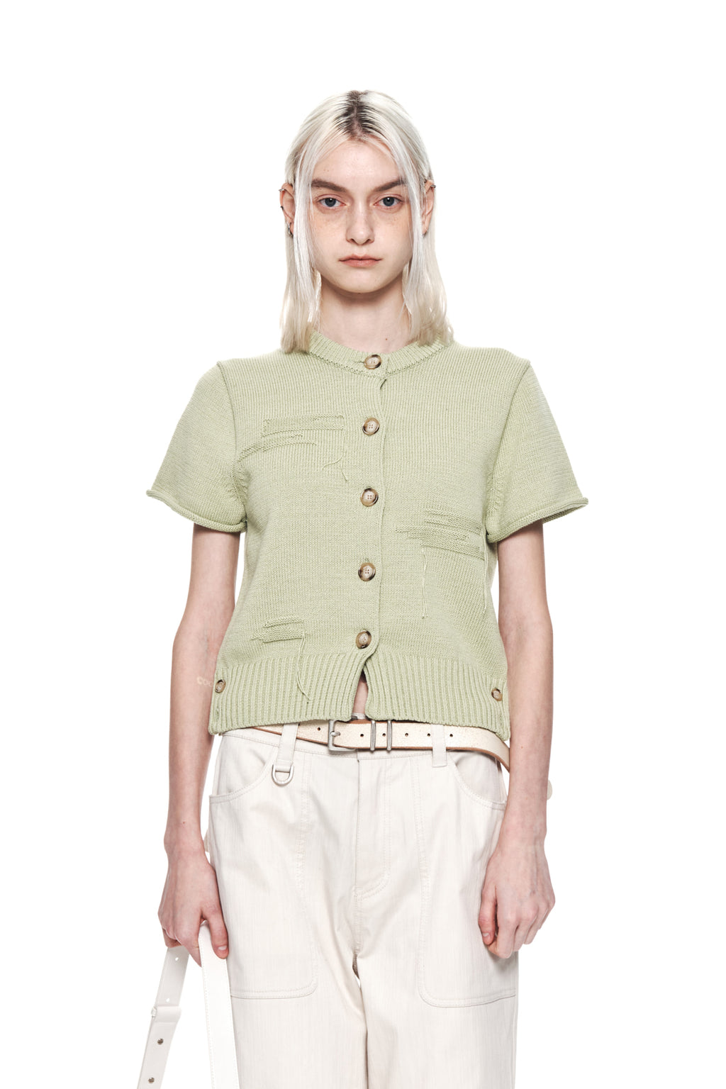 [matinkim] DAMAGE ROUND HALF CARDIGAN IN LIGHT GREEN