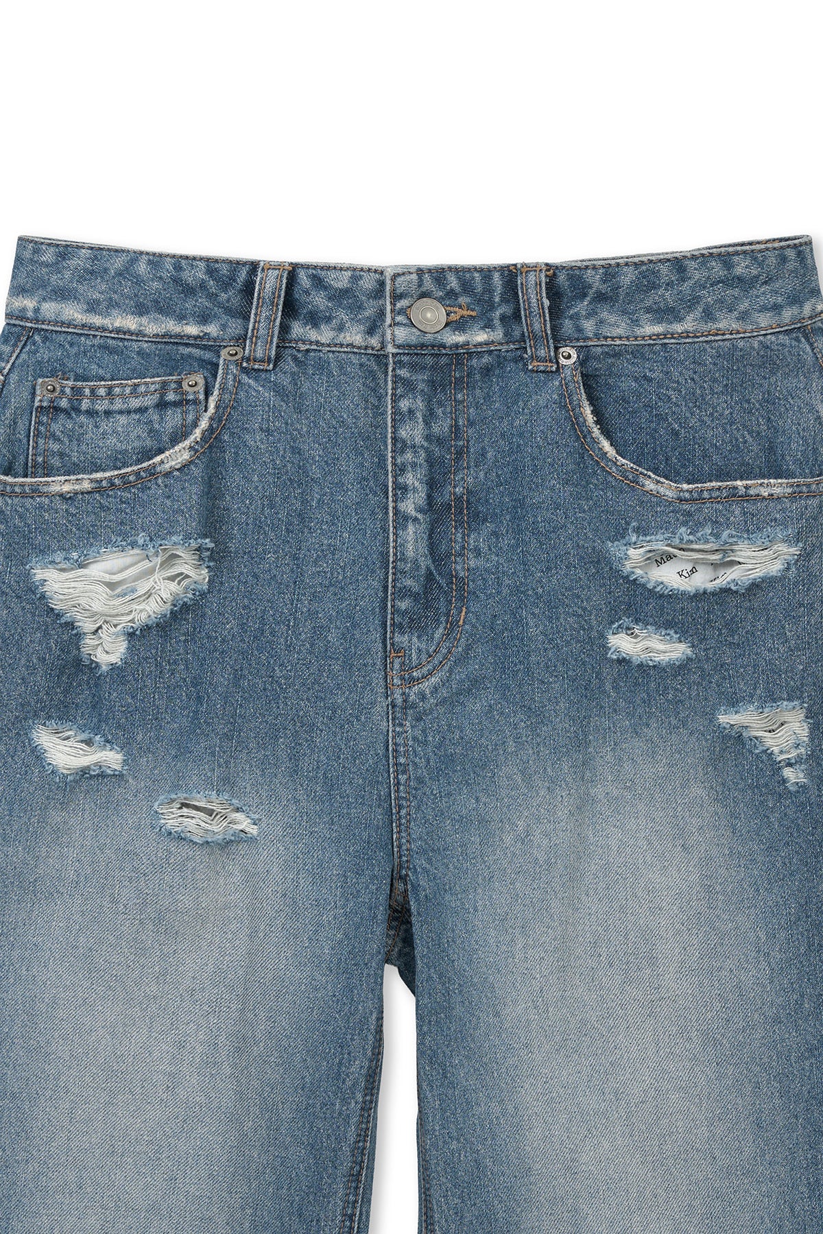 [matinkim] BACK POCKET PATCH DESTROYED DENIM PANTS IN BLUE
