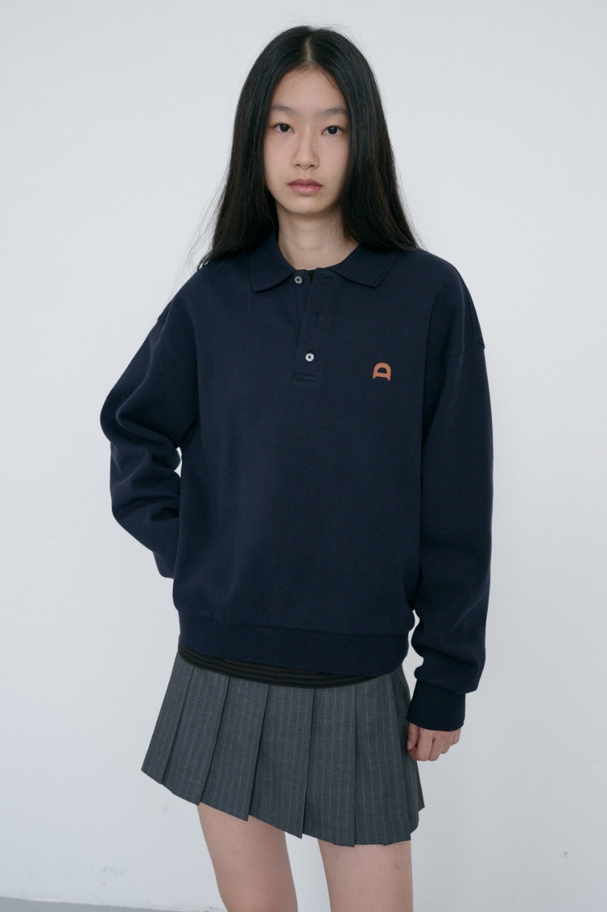Dunst Unisex Leather Logo Collared T-Shirt French Navy