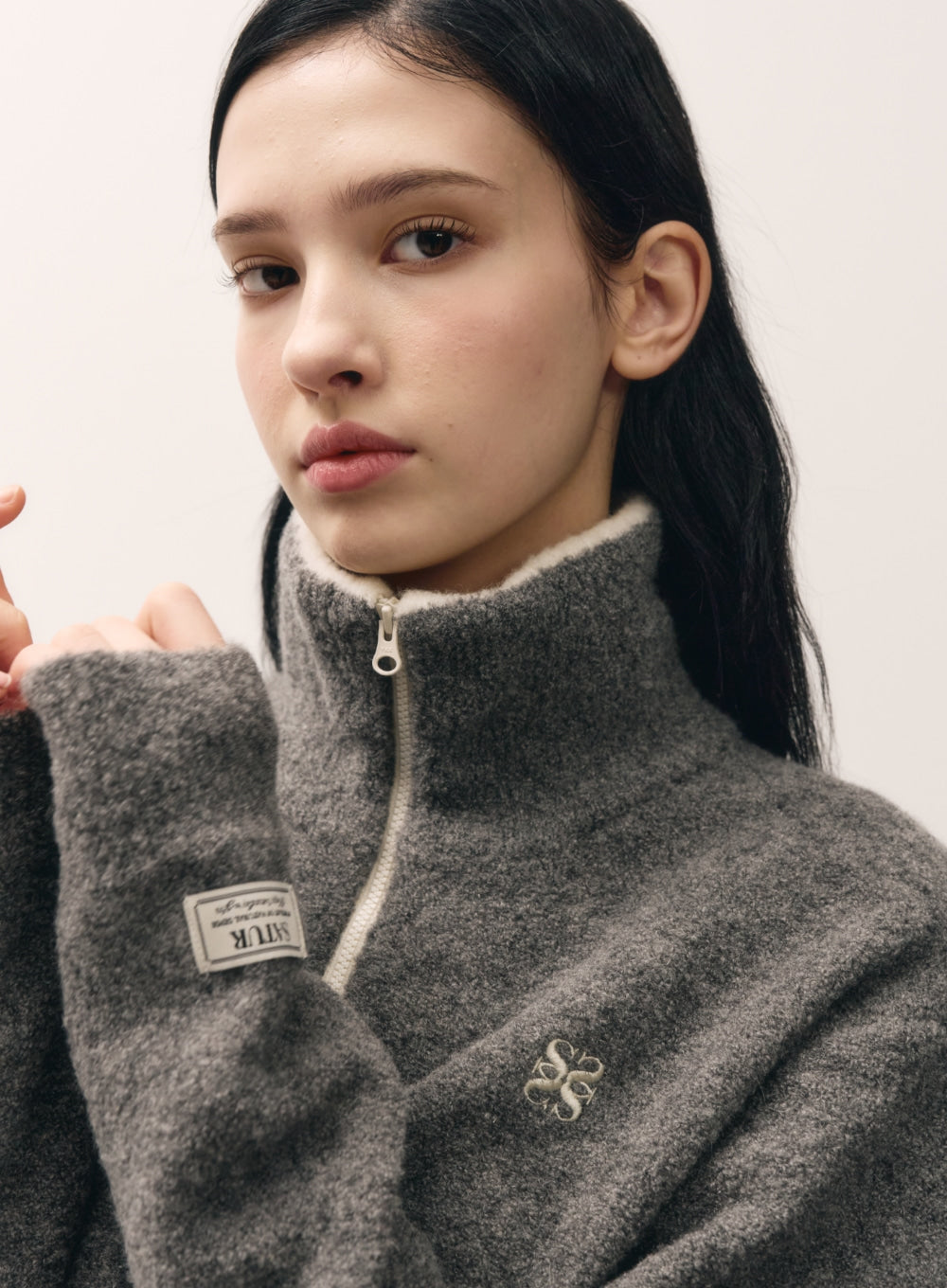 [satur] (W) Crop Half Neck Fleece Knit Zip-up - Gray