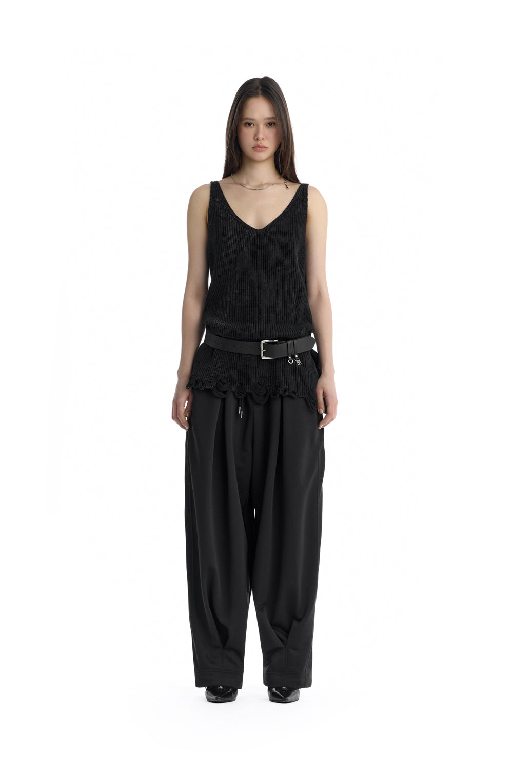 Treemingbird Washed Distressed Sleeveless Knit Top Black