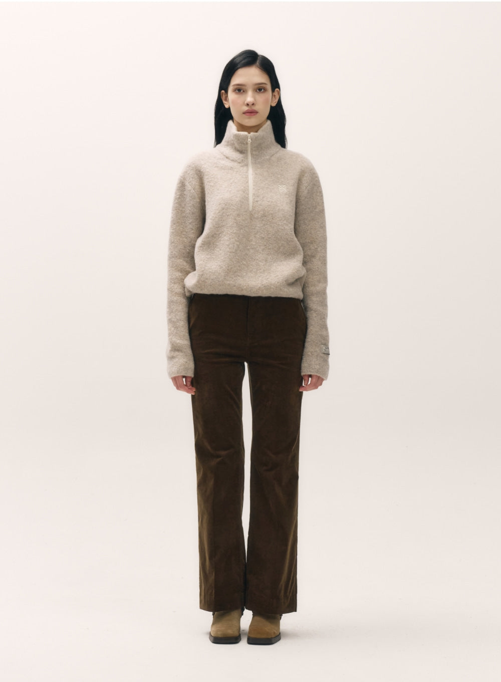 [satur] (W) Crop Half Neck Fleece Knit Zip-up - Oatmeal