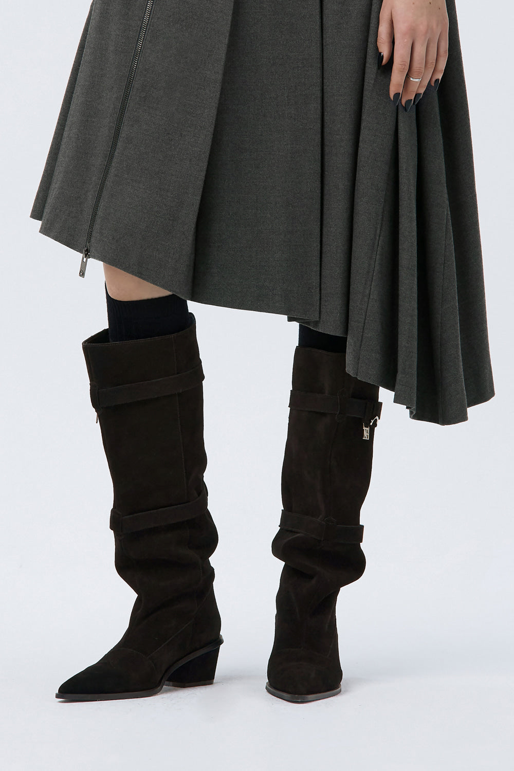 Treemingbird Suede Slouch Belted Long Boots Brown
