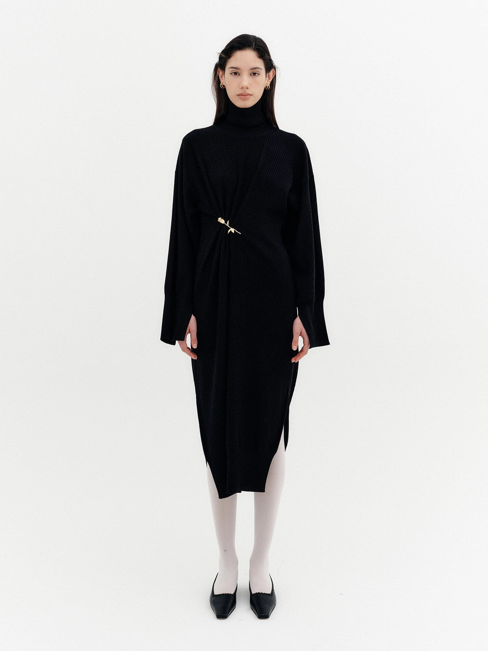EENK Rose Brooch Knitwear Dress - Black