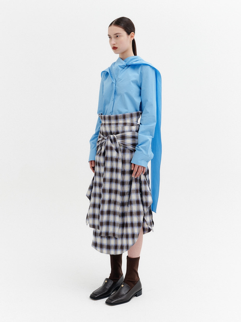 EENK Layered Scarf V-Neck Blouse - Blue