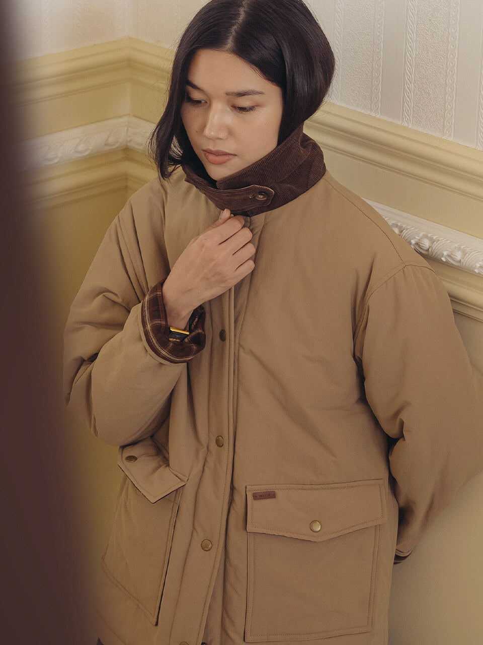 Tillidie Corduroy collar point padded jumper Beige