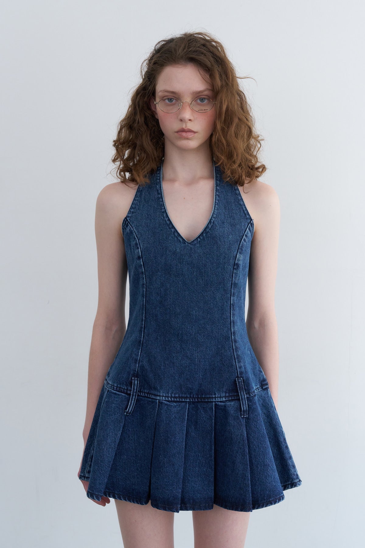Overdueflair Halter Neck Pleated Denim Dress Indigo