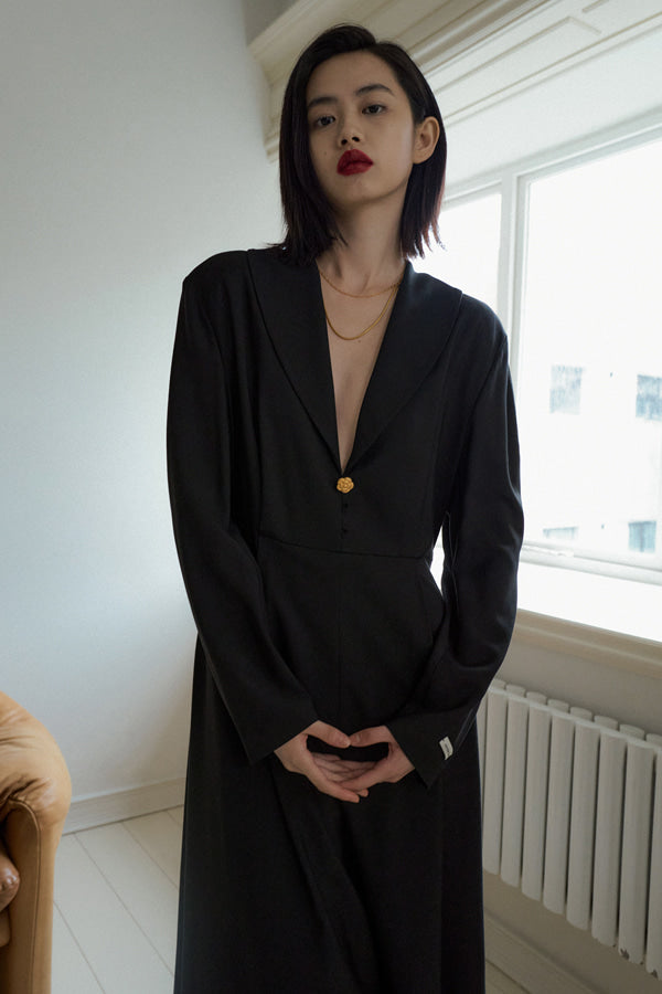Overdueflair Shawl Collar Long Dress Black