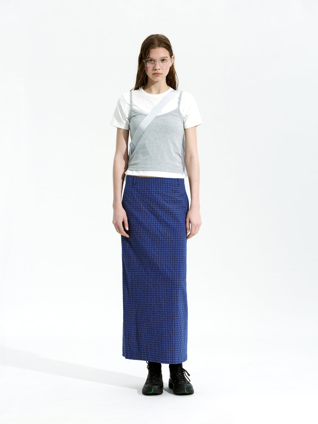 Low Classic Slit Checked Long Skirt Blue