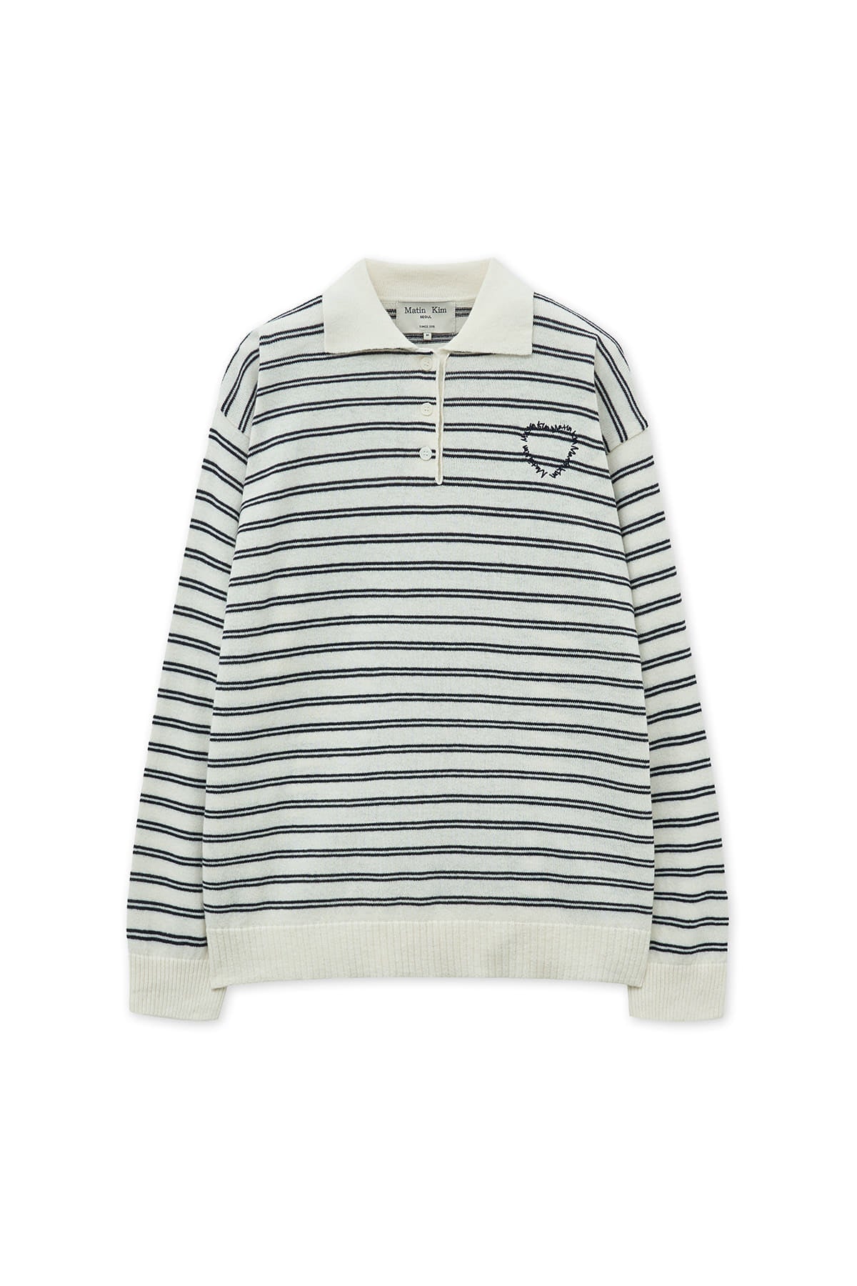 [matinkim] HEART LOGO COLLAR STRIPED PULLOVER IN IVORY