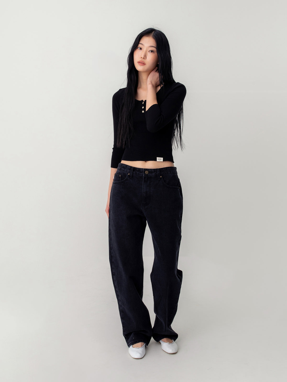 GLOWNY 3/4 G Waffle Button Fly Tee (Black)
