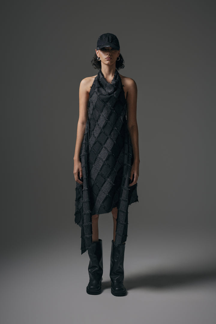 Treemingbird Fringe Halterneck Drape One-piece Charcoal