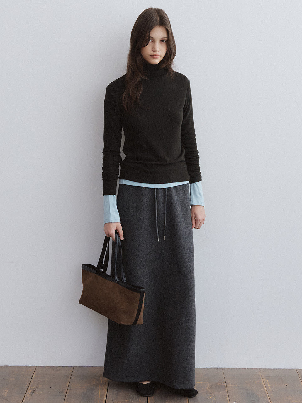 Tillidie Brushed straight long skirt Charcoal