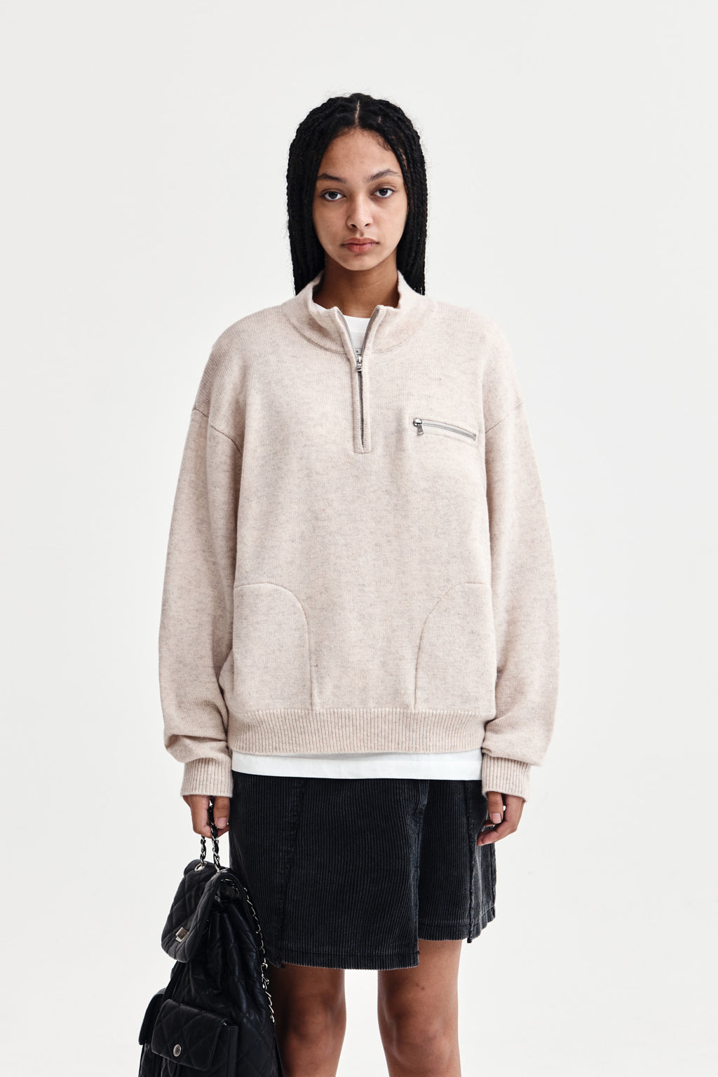 [matinkim] BACK LOGO HALF KNIT ZIP UP PULLOVER FOR WOMEN IN LIGHT BEIGE