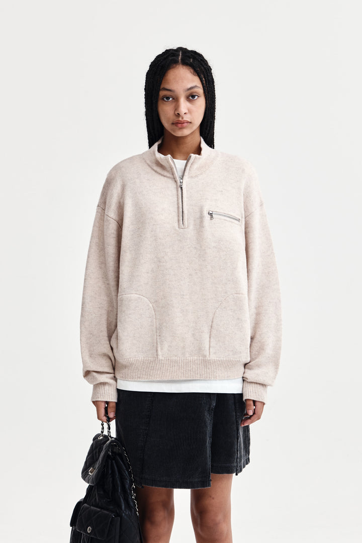 Matinkim Back Logo Half Knit Zip UP Pullover For Women IN Light Beige