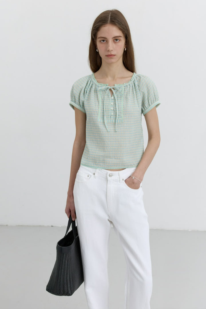 Dunst 2-Way Shirring Blouse Mint Check