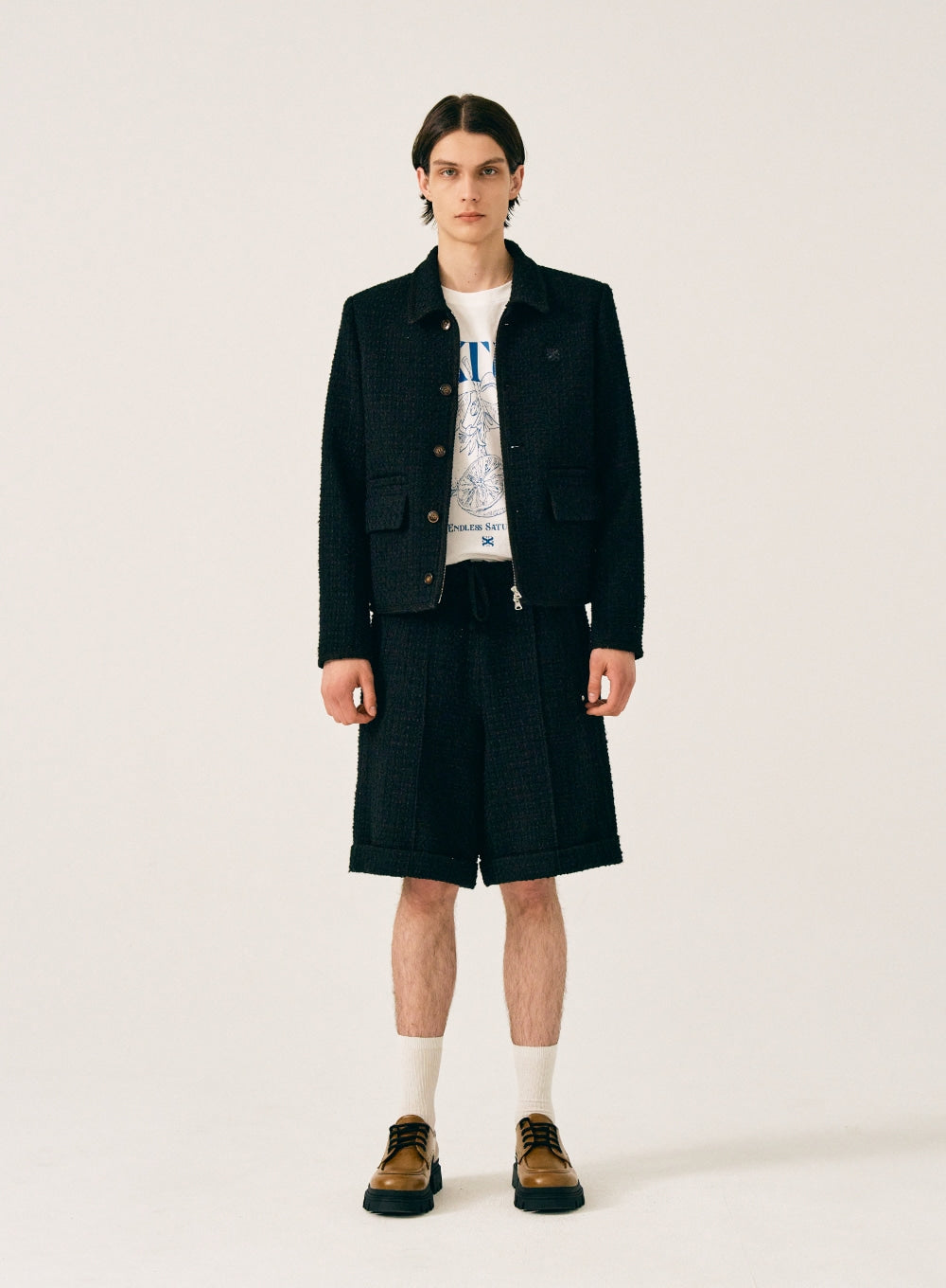 [satur] Aachen Wool Blend Tweed Half Pants - Resort Black