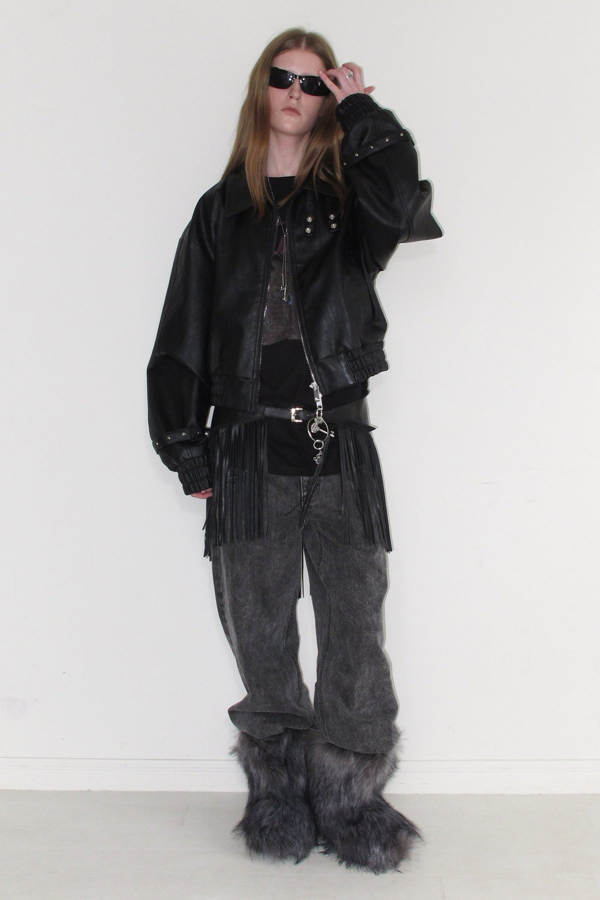 Instantfunk Cropped Strap Leather Jacket - Black