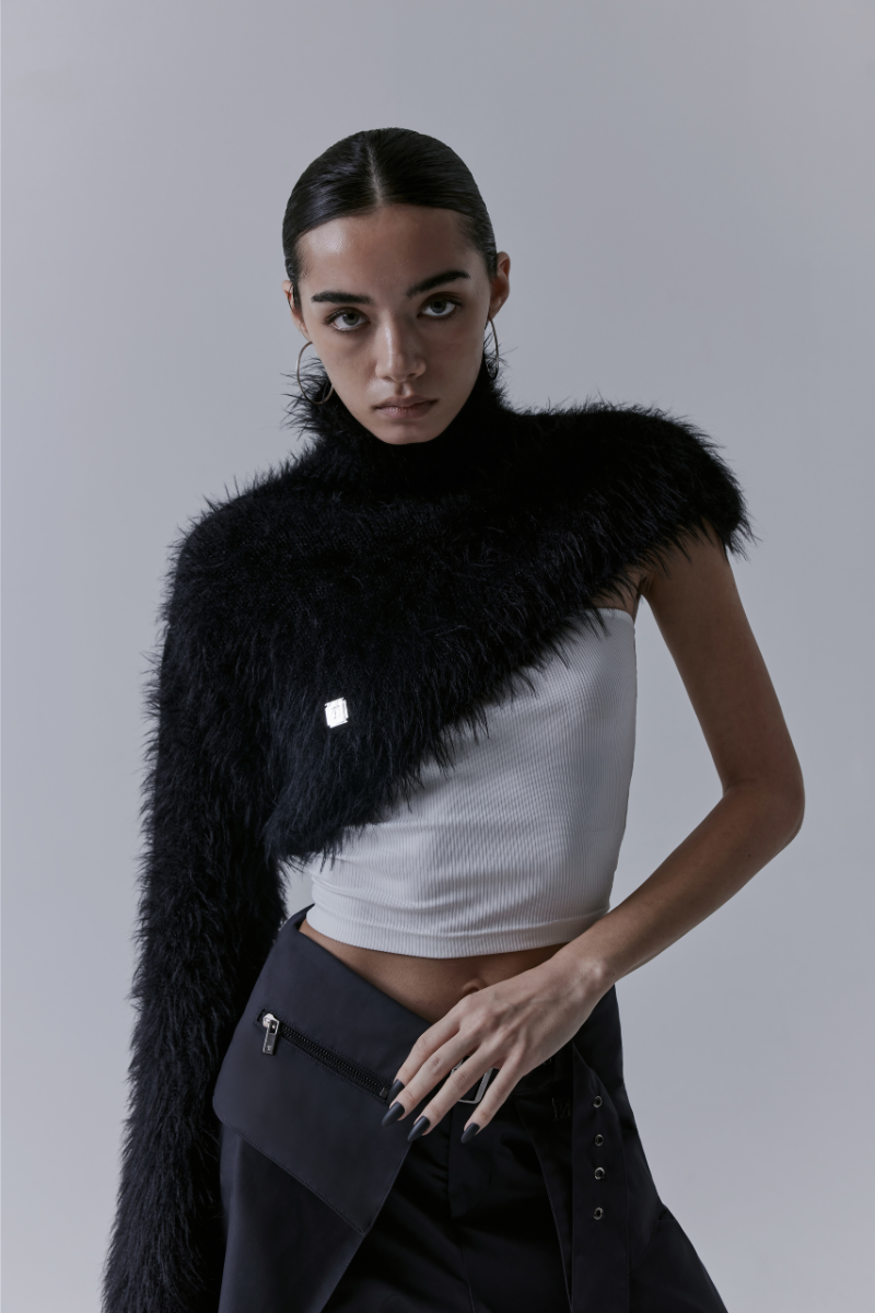 Treemingbird Unbalance High-neck Fur Knit Black