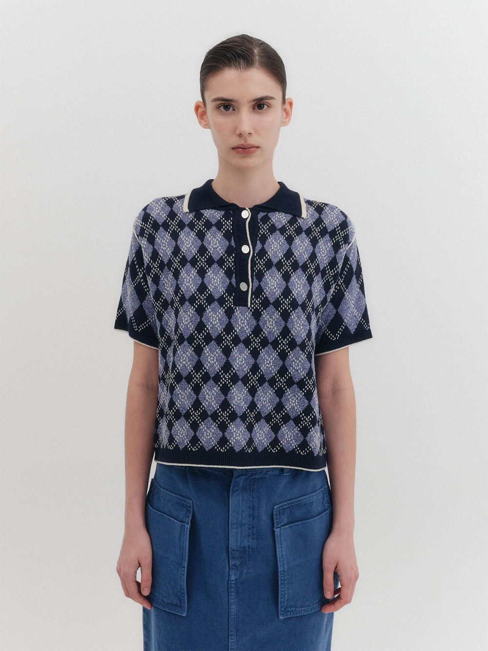 EENK Argyle Short Sleeve Knitwear Top - Navy