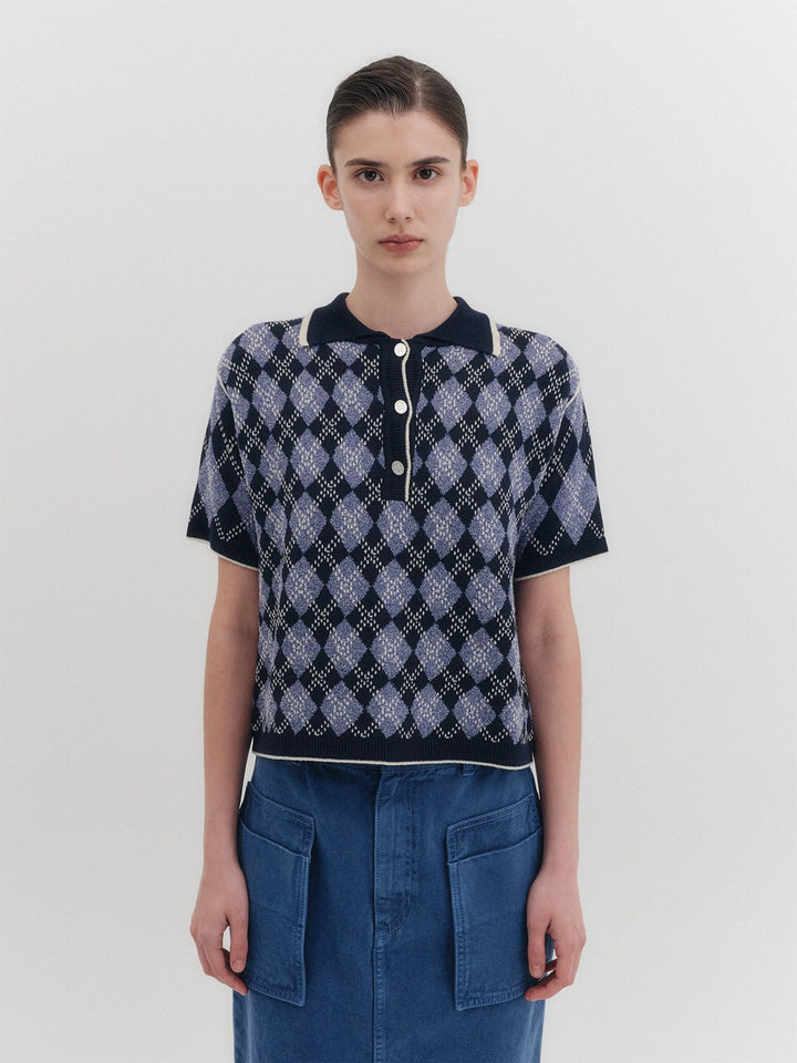 EENK Argyle Short Sleeve Knitwear Top - Navy