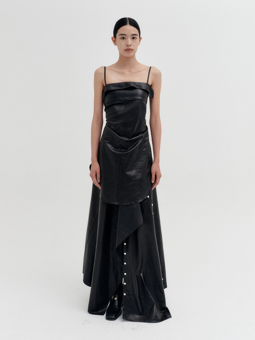 EENK Panel Line Leather Top - Black