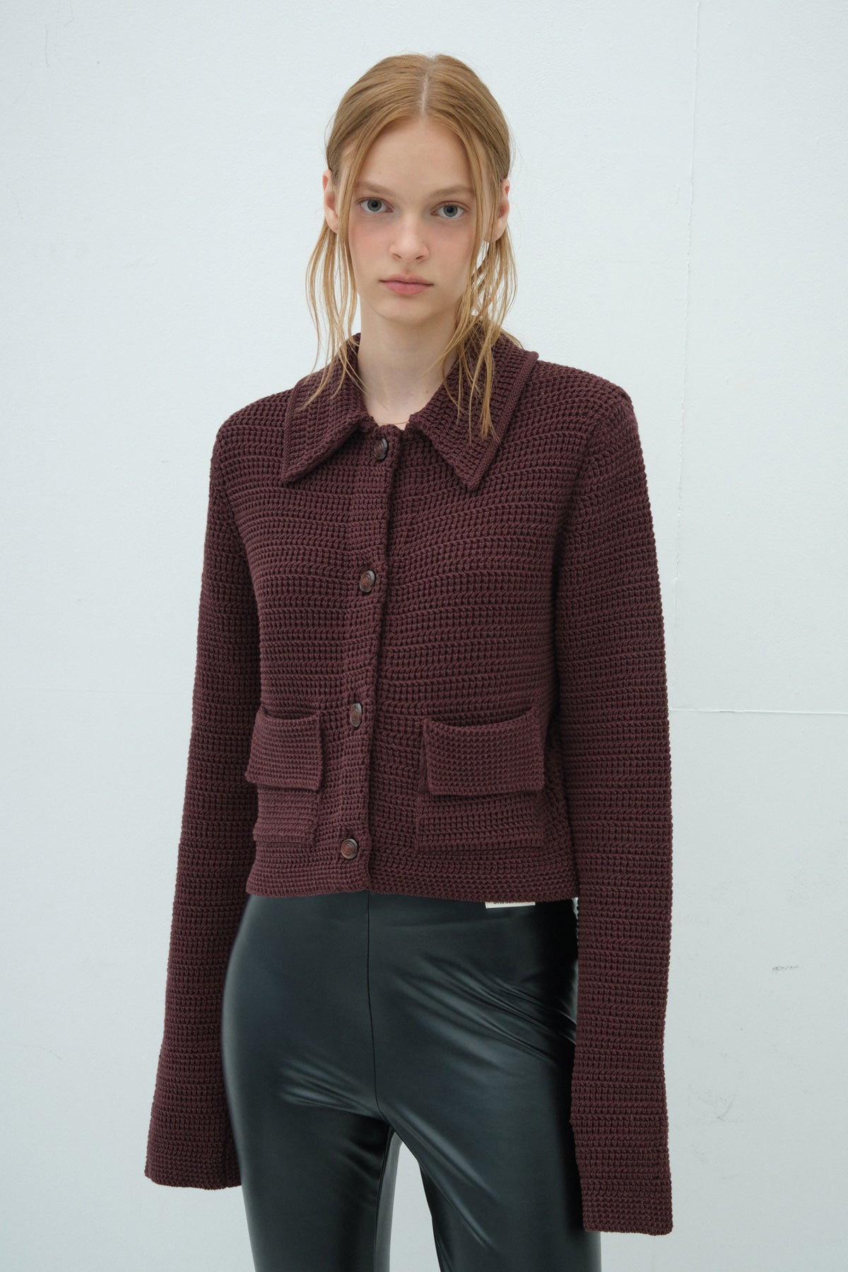 Overdueflair Collar Knit Jacket Red Brown