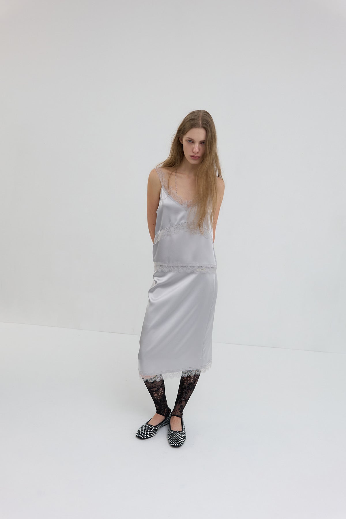 Overdueflair Lace Satin Midi Skirt Silver