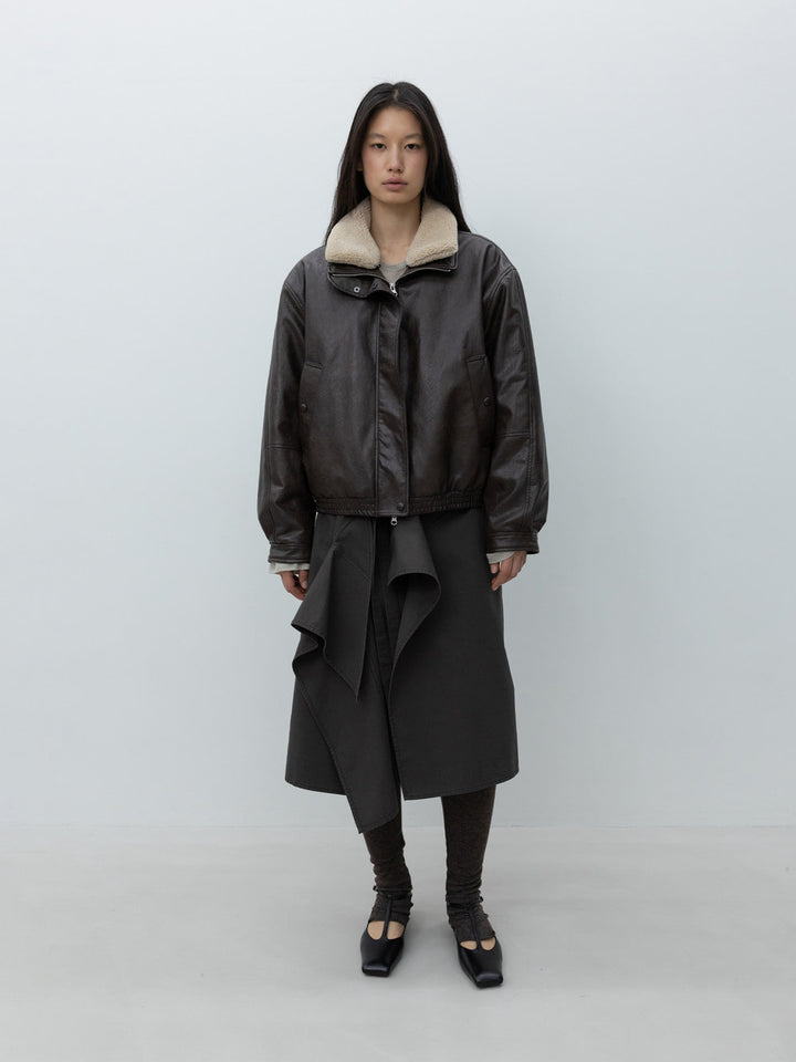 Low Classic Fur Collar Artificial Leather Jacket Brown