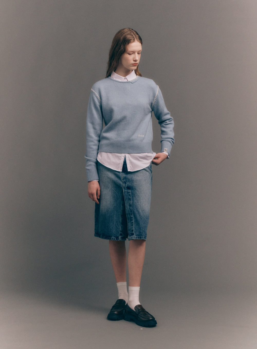 [satur] (W) Contrast Stitch Semi Crop Knit - Ice Blue