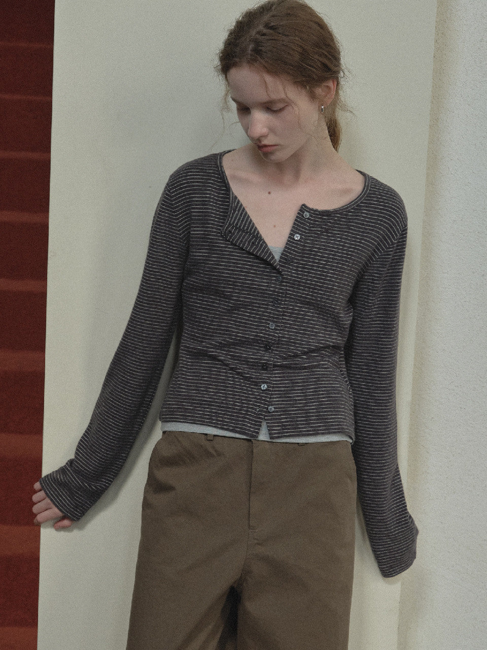 Tillidie Angora blended stripe cardigan Charcoal