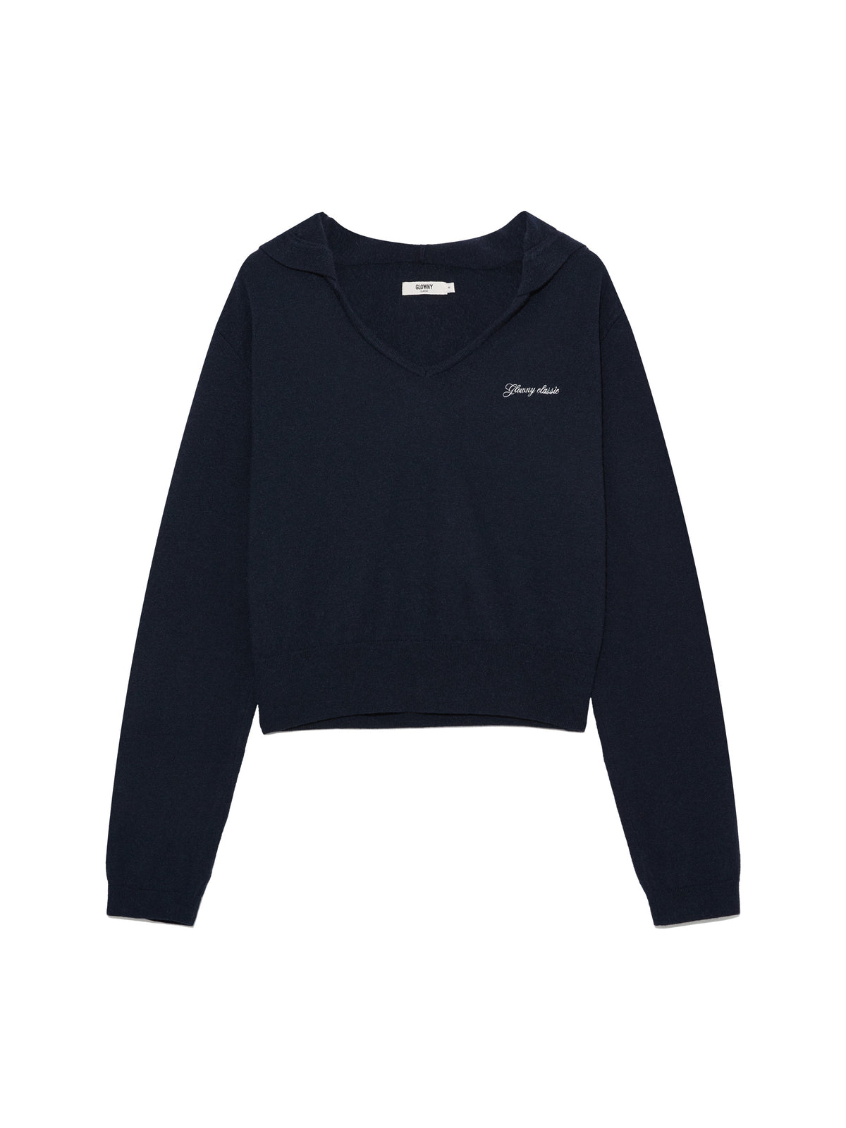 GLOWNY G Hug V-Neck Knit Hoodie (Navy)