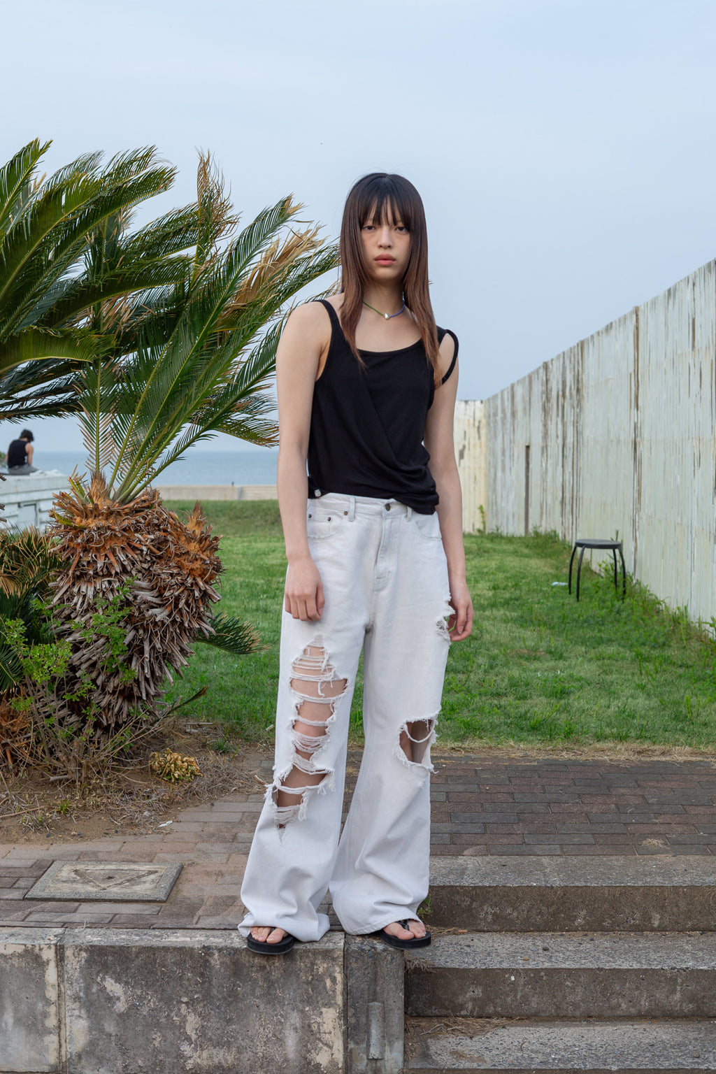 Matinkim Damage Point Washed Wide Denim Pants IN Light Grey