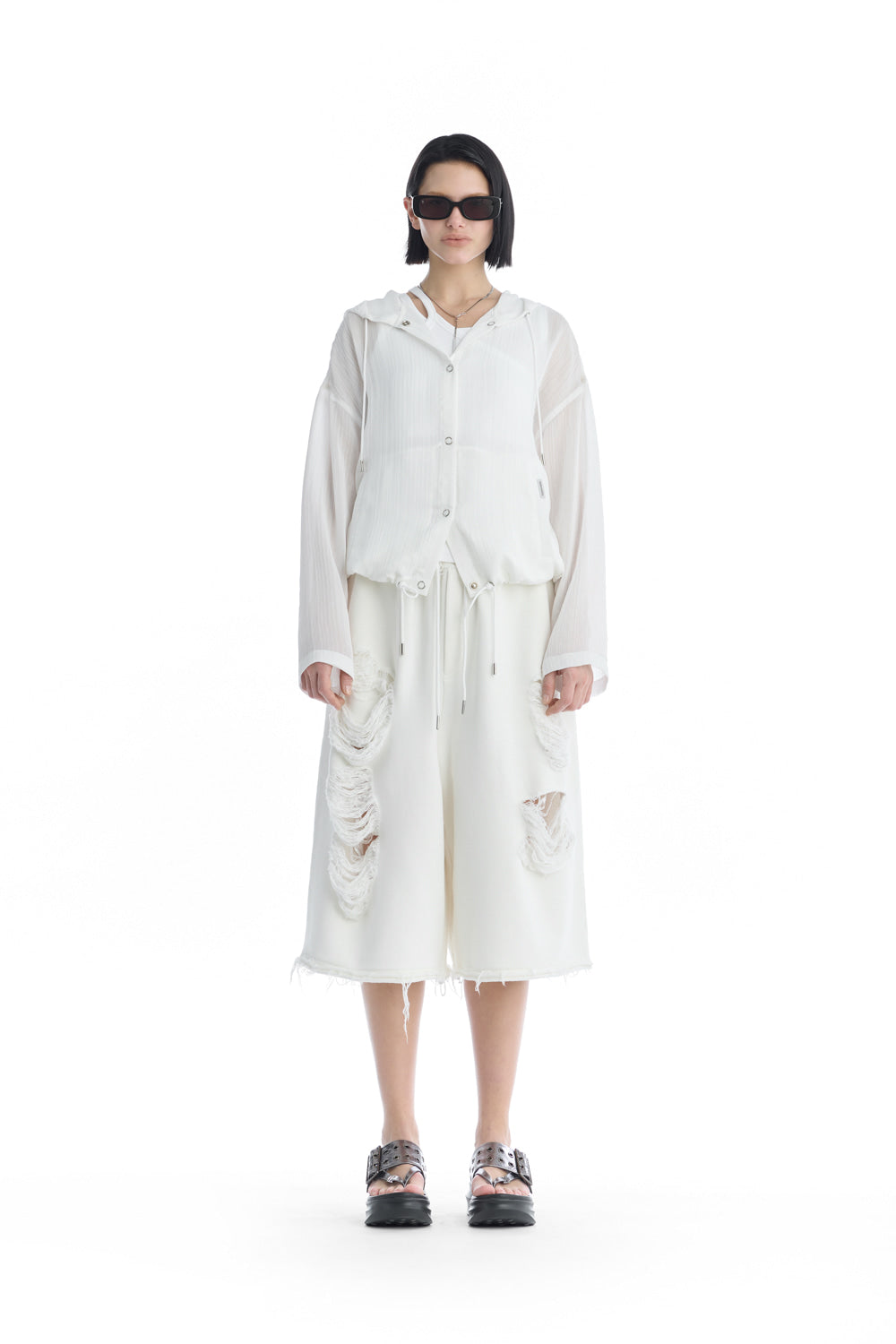 Treemingbird Sheer Hooded Snap Jacket White