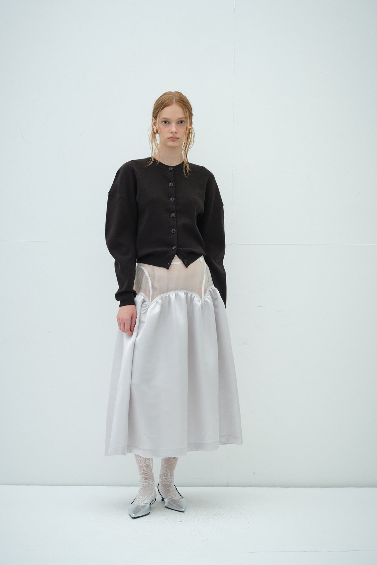 Overdueflair Sheer Satin Long Skirt White Silver