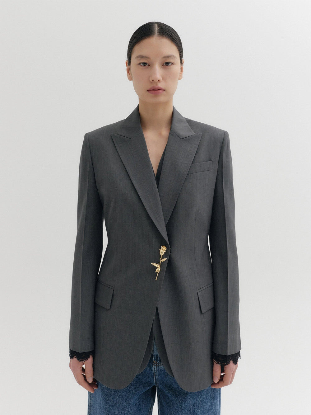EENK Brooch Lace Trim Blazer - Gray