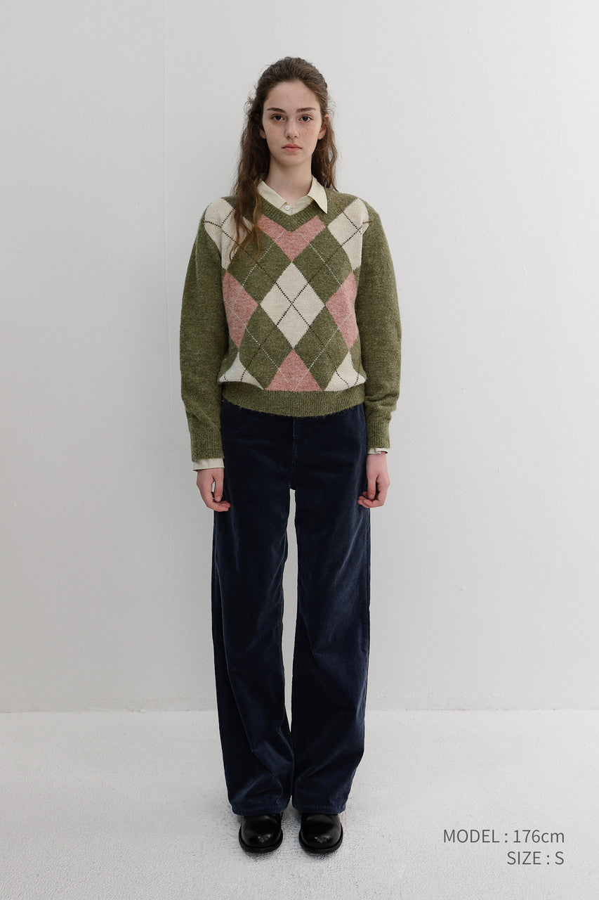 Dunst Unisex Hairy Alpaca Argyle Sweater Olive Khaki