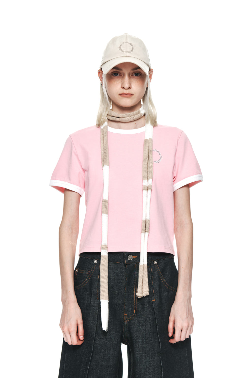 [matinkim] CIRCLE LOGO RINGER CROP TOP IN PINK