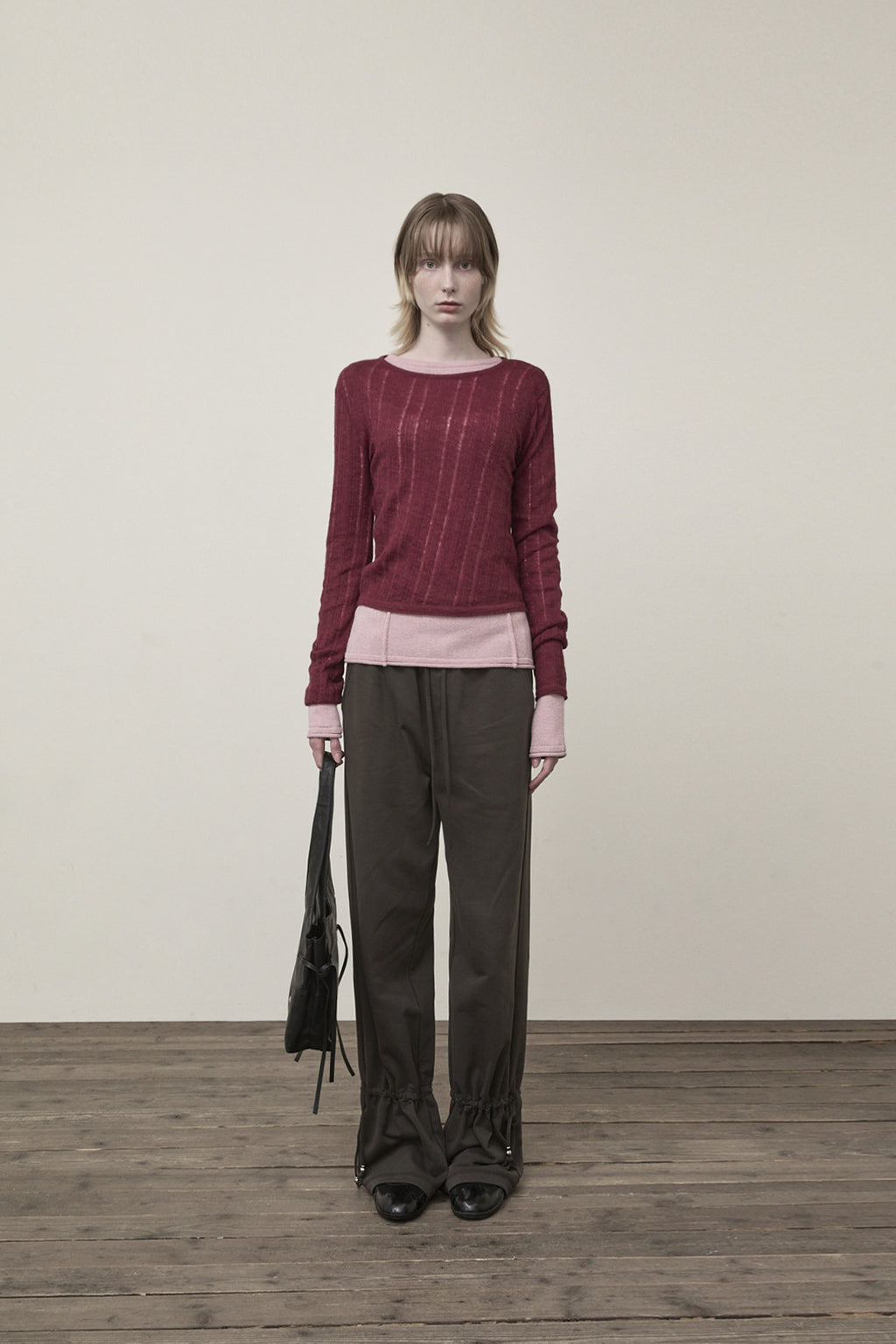 [matinkim] DIAGONAL TEXTURE KNIT TOP IN BURGUNDY