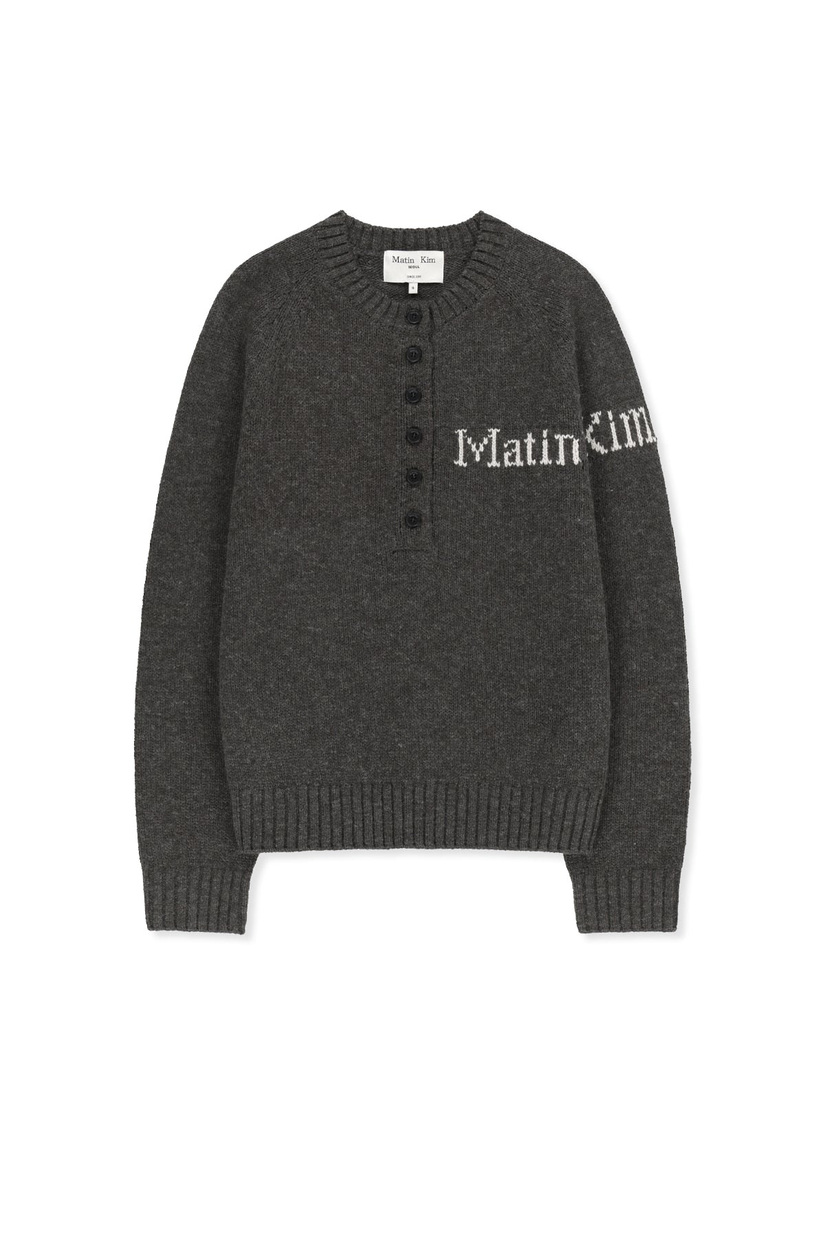 Matinkim Matin Button Point Henley Neck Logo Knit Top IN Charcoal