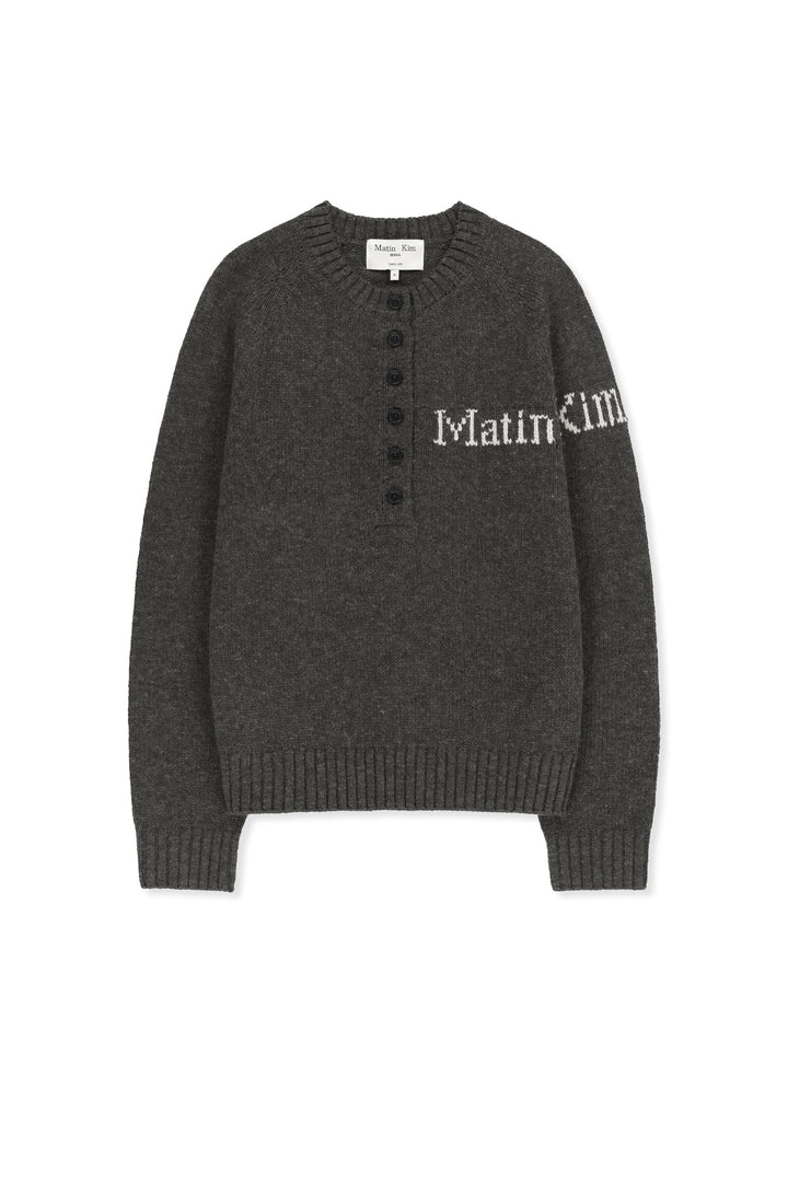 Matinkim Matin Button Point Henley Neck Logo Knit Top IN Charcoal