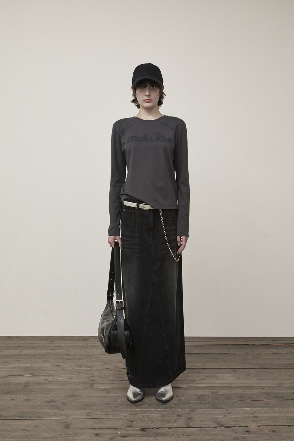Matinkim Damage Point Long Denim Skirt IN Black