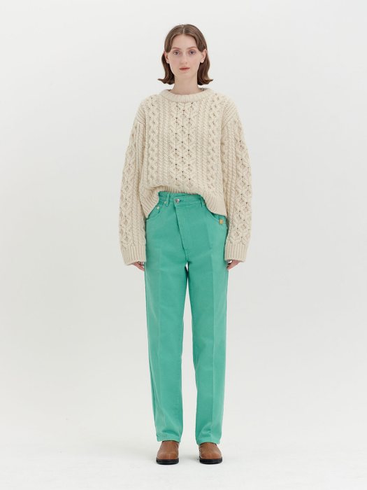 [EENK] Qeneva Asymmetric Front Denim Pants - Sage Green