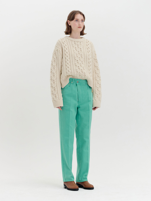 [EENK] Qeneva Asymmetric Front Denim Pants - Sage Green