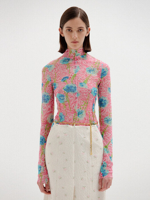 Eenk Sol Floral-Print Mockneck Top -Pink Multi