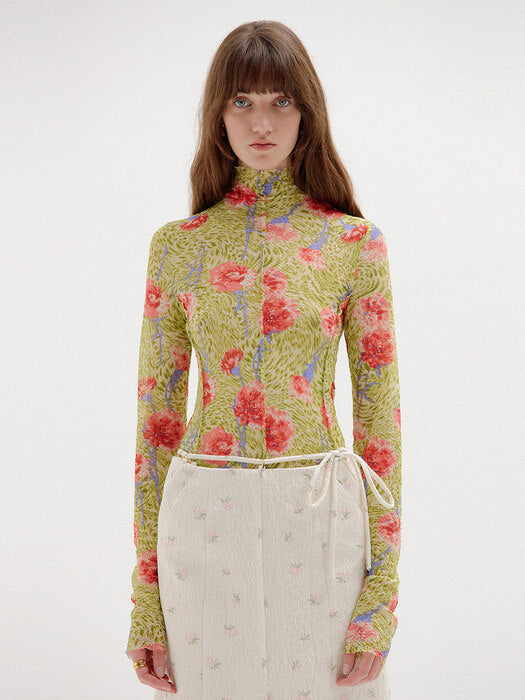 Eenk Sol Floral-Print Mockneck Top - Green Multi