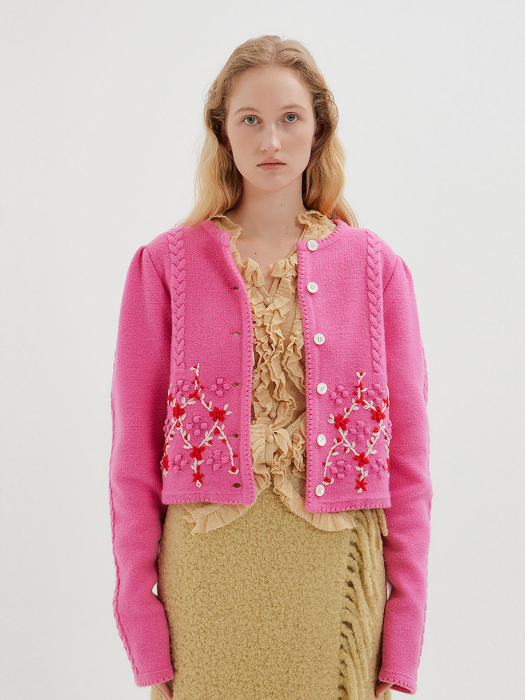 Eenk Titi Floral Pattern Puff Sleeve Knit Cardigan - Pink